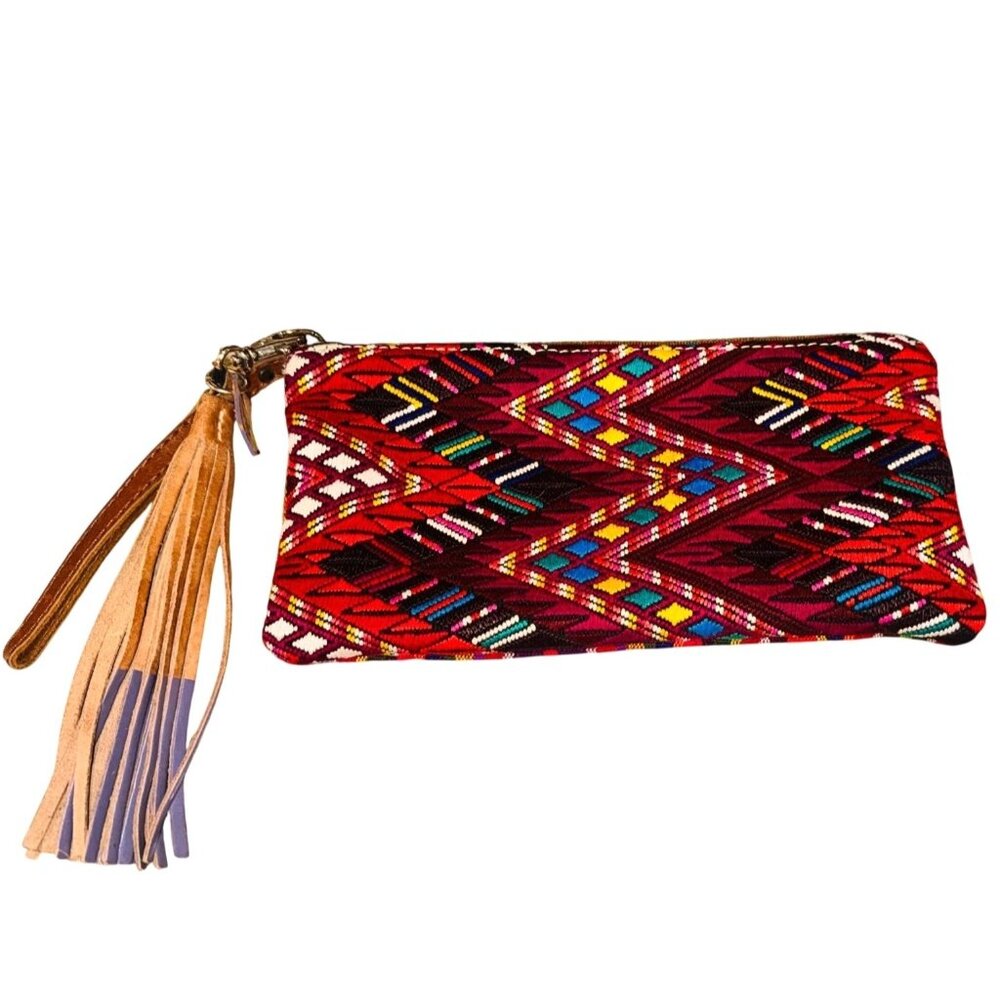 Arloom Handmade Kilim Boho Aztec Indie Clutch Purse Leather Tassel Tribal DK Red